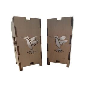 Two Handmade Hummingbird Wooden Luminary LED Votive Candle Holders